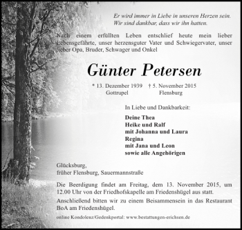 Traueranzeige von Günter Petersen von Flensburger Tageblatt