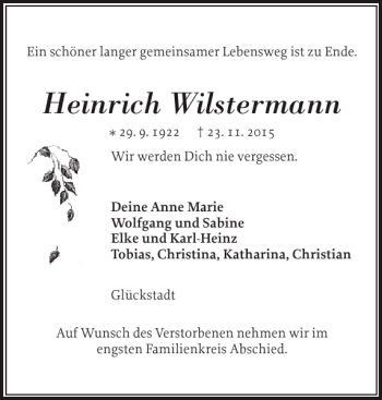 Traueranzeige von Heinrich Wilstermann von Norddeutsche Rundschau