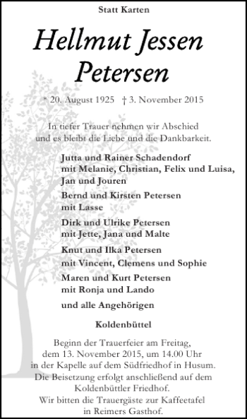 Traueranzeige von Hellmut Jessen Petersen von Husumer Nachrichten