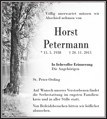 Traueranzeige von Horst Petermann von Husumer Nachrichten