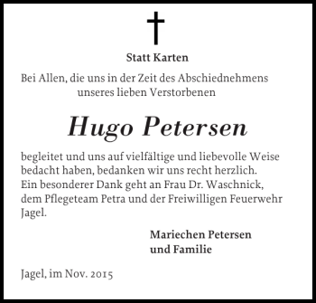 Traueranzeige von Hugo Petersen von Schleswiger Nachrichten