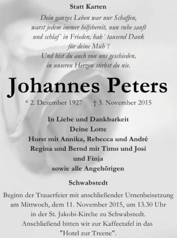 Traueranzeige von Johannes Peters von Husumer Nachrichten