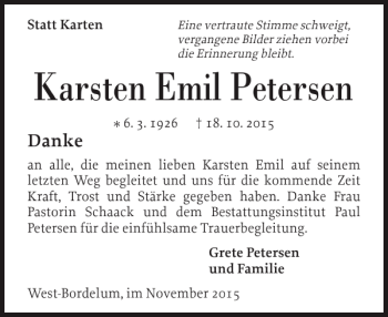 Traueranzeige von Karsten Emil Petersen von Flensburger Tageblatt