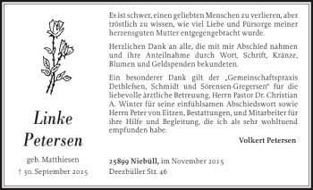 Traueranzeige von Linke Petersen von Nordfriesland Tageblatt