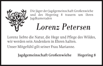 Traueranzeige von Lorenz Petersen von Flensburger Tageblatt