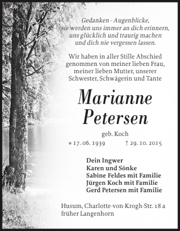 Traueranzeige von Marianne Petersen von Husumer Nachrichten