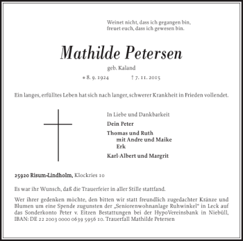 Traueranzeige von Mathilde Petersen von Nordfriesland Tageblatt