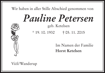 Traueranzeige von Pauline Petersen von Flensburger Tageblatt