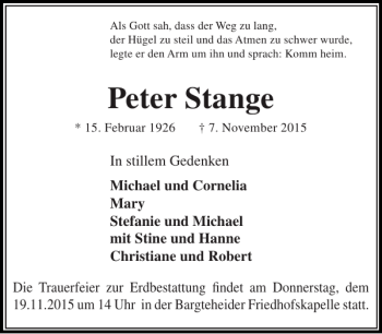 Traueranzeige von Peter Stange von Stormarner Tageblatt