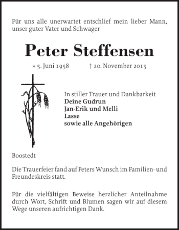 Traueranzeige von Peter Steffensen von Holsteinischer Courier