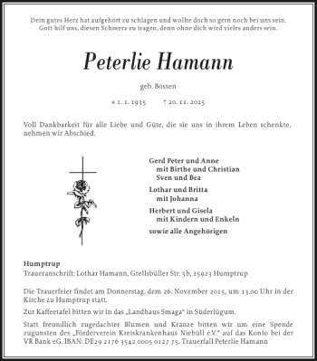 Traueranzeige von Peterlie Hamann von Nordfriesland Tageblatt