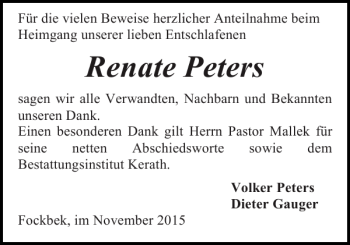 Traueranzeige von Renate Peters von Landeszeitung