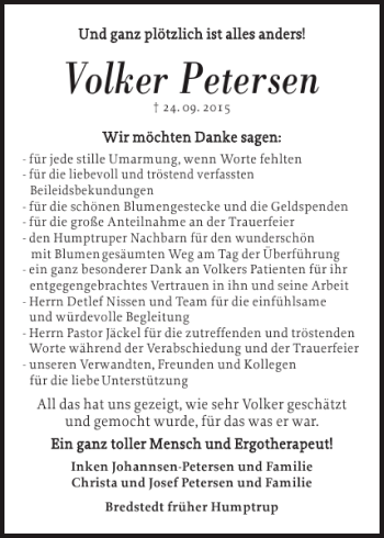 Traueranzeige von Volker Petersen von Husumer Nachrichten
