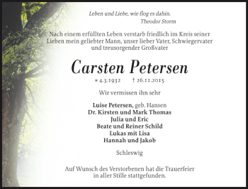 Traueranzeige von Carsten Petersen von Schleswiger Nachrichten