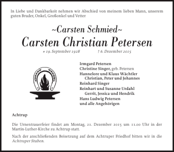 Traueranzeige von Carsten Christian Petersen von Nordfriesland Tageblatt