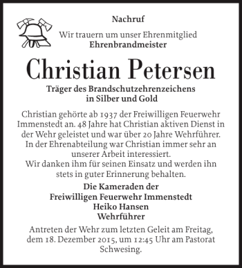 Traueranzeige von Christian Petersen von Husumer Nachrichten