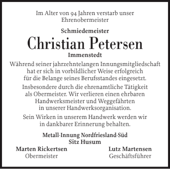 Traueranzeige von Christian Petersen von Husumer Nachrichten