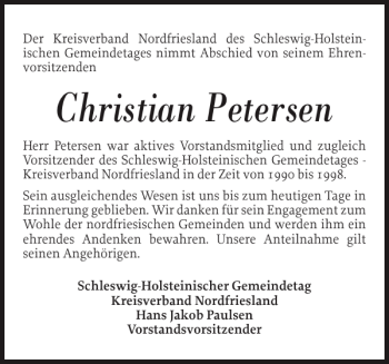 Traueranzeige von Christian Petersen von Husumer Nachrichten