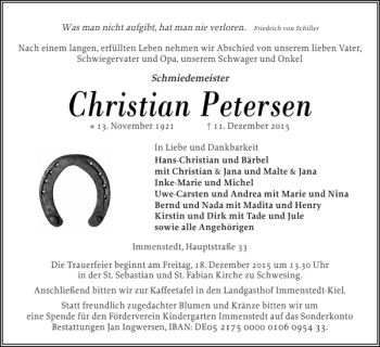 Traueranzeige von Christian Petersen von Husumer Nachrichten