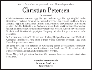 Traueranzeige von Christian Petersen von Husumer Nachrichten