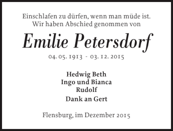 Traueranzeige von Emilie Petersdorf von Flensburger Tageblatt