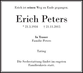 Traueranzeige von Erich Peters von Husumer Nachrichten