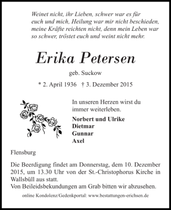 Traueranzeige von Erika Petersen von Flensburger Tageblatt