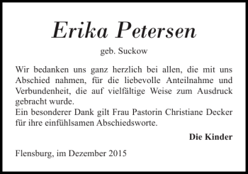 Traueranzeige von Erika Petersen von Flensburger Tageblatt