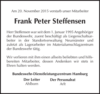Traueranzeige von Frank Peter Steffensen von Holsteinischer Courier