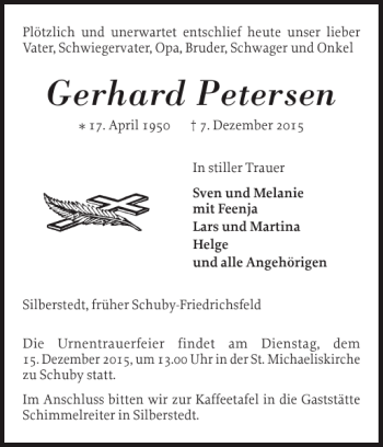Traueranzeige von Gerhard Petersen von Schleswiger Nachrichten