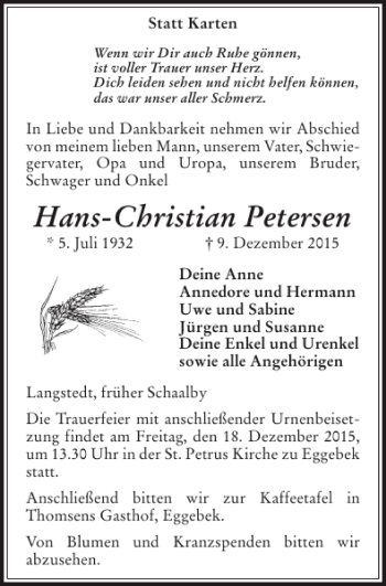 Traueranzeige von Hans-Christian Petersen von Flensburger Tageblatt