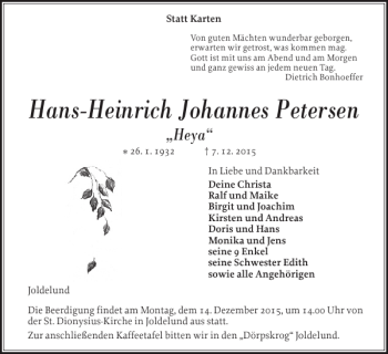 Traueranzeige von Hans-Heinrich Johannes Petersen von Husumer Nachrichten