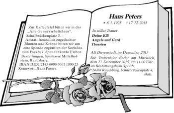 Traueranzeige von Hans Peters von Landeszeitung