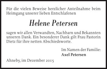 Traueranzeige von Helene Petersen von Flensburger Tageblatt