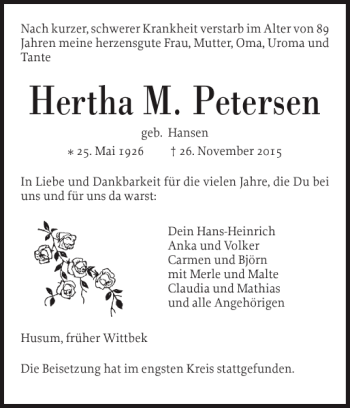 Traueranzeige von Hertha M. Petersen von Husumer Nachrichten