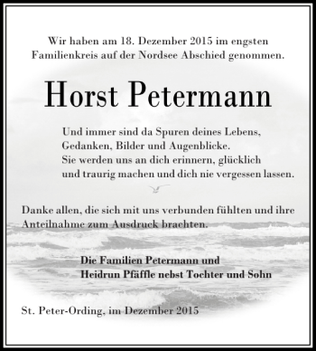 Traueranzeige von Horst Petermann von Husumer Nachrichten