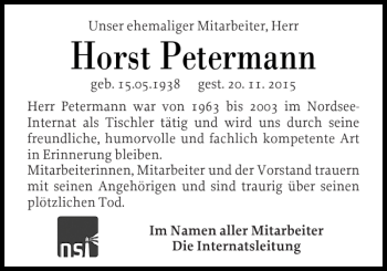 Traueranzeige von Horst Petermann von Husumer Nachrichten