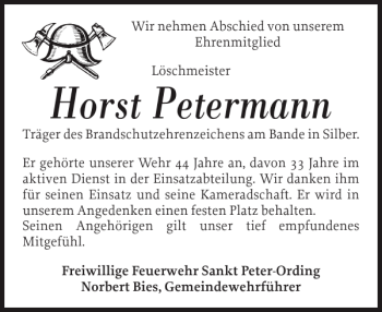 Traueranzeige von Horst Petermann von Husumer Nachrichten