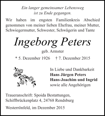Traueranzeige von Ingeborg Peters von Landeszeitung