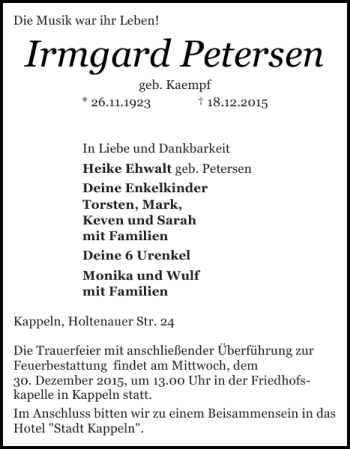 Traueranzeige von Irmgard Petersen von Schlei-Bote