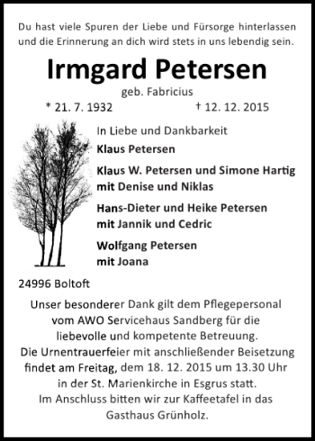 Traueranzeige von Irmgard Petersen geb. Fabricius von Flensburger Tageblatt