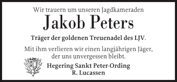 Traueranzeige von Jakob Peters von Husumer Nachrichten