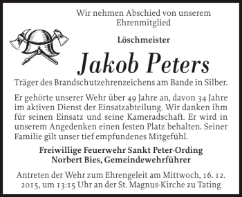 Traueranzeige von Jakob Peters von Husumer Nachrichten