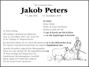 Traueranzeige von Jakob Peters von Husumer Nachrichten