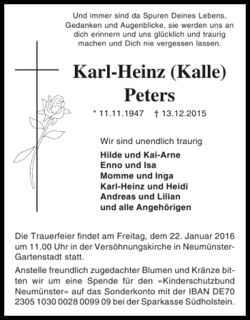 Traueranzeige von Karl-Heinz Kalle Peters von Holsteinischer Courier