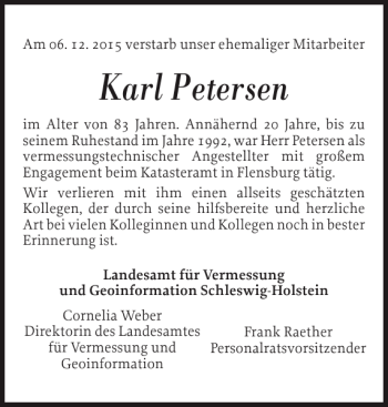 Traueranzeige von Karl Petersen von Flensburger Tageblatt