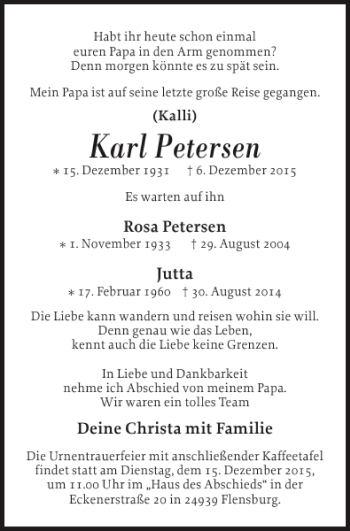 Traueranzeige von Karl Petersen von Flensburger Tageblatt