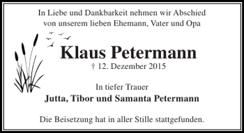 Traueranzeige von Klaus Petermann von Stormarner Tageblatt