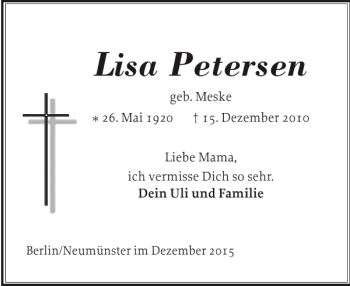 Traueranzeige von Lisa Petersen von Holsteinischer Courier