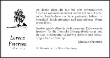 Traueranzeige von Lorenz Petersen von Flensburger Tageblatt